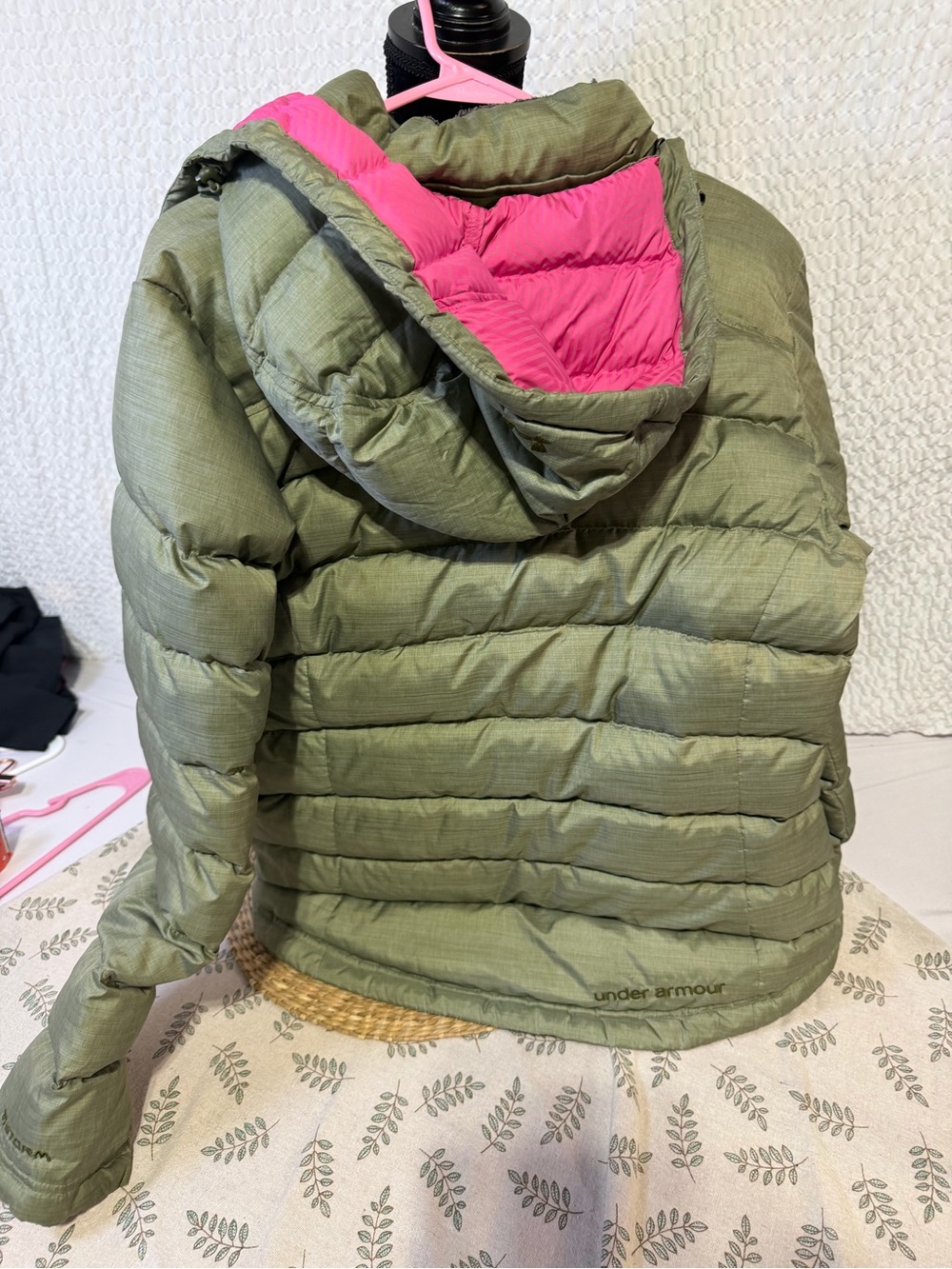 Under Armour Olive Green Puffer Jacket with Pink Hood Accent - Picture 3 of 3